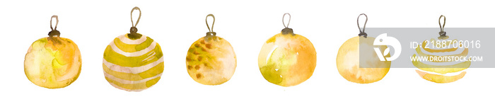 Watercolor yellow Christmas ball as a christmas time decoration with copyspace