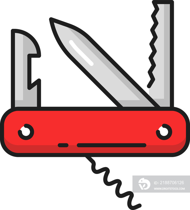 Swiss folding knife, foldable pen army tool icon