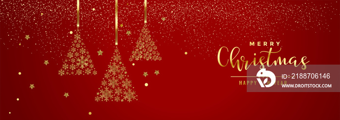 card or banner on Merry Christmas and Happy New Year in gold on a gradient red background with gold glitter and snowflakes that form 3 Christmas trees in gold