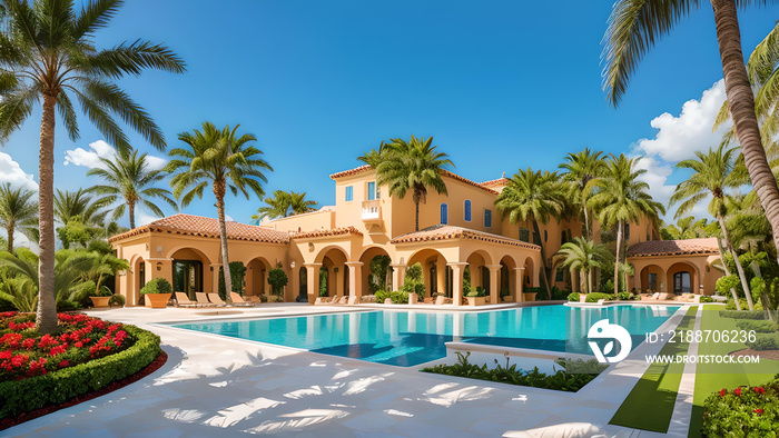 Photo of a luxurious house with an inviting pool and lush palm trees