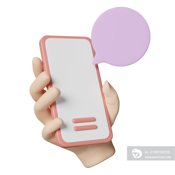 3d social media with hand holding mobile phone, smartphone, chat bubbles icons isolated. online social, communication applications, minimal template concept, 3d render illustration