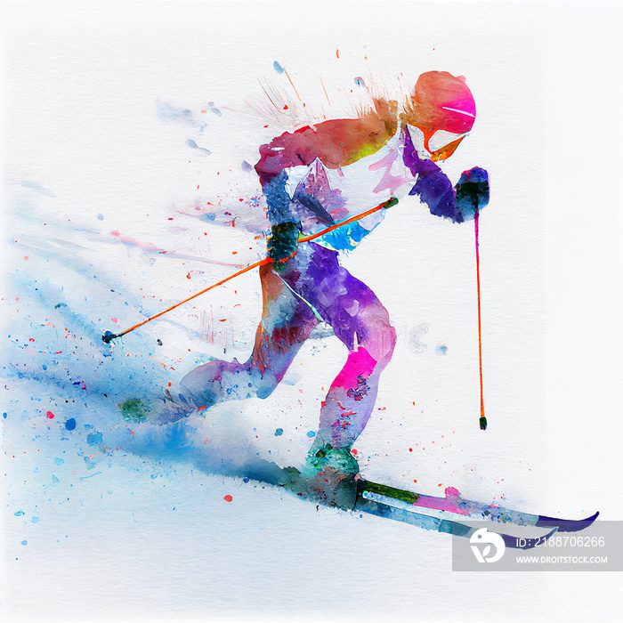 Cross-country skiing. Watercolor illustration of a cross-country skier