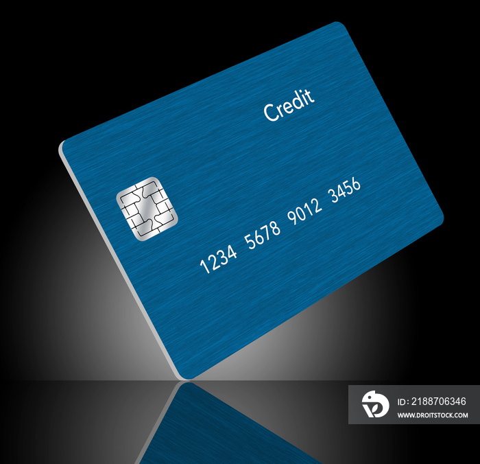 A blue generic credit card is seen reflected in a polished surface in this 3-d illustration.