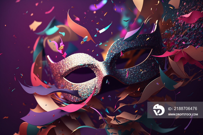 abstract background with brazilian carnival party theme, confetti, streamers, glitter, masks, creative IA