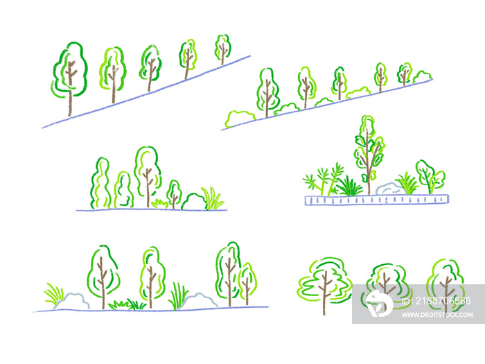 Various trees, flower beds, one-point scenery, cute and simple hand-drawn illustration set / いろいろな木々 花壇 ワンポイント風景 かわいくてシンプルな手描きイラストセット