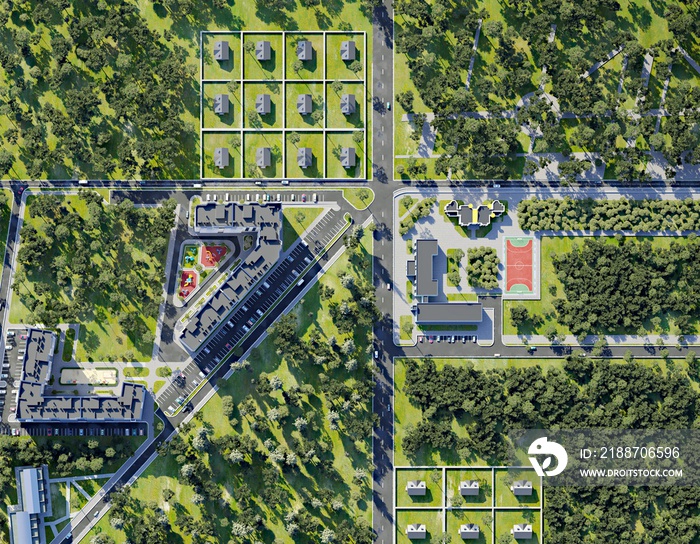 Aerial view of summer green town, 3d render