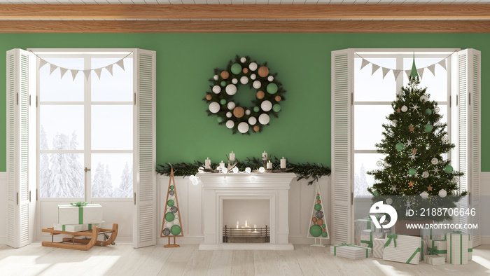 Christmas interior design, living room with fireplace in white and green tones, decorated tree and panoramic windows on winter landscape. New year party, contemporary style