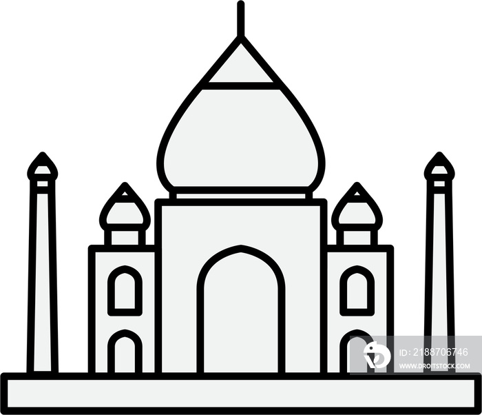 outline simplicity drawing of taj mahal landmark front elevation view.