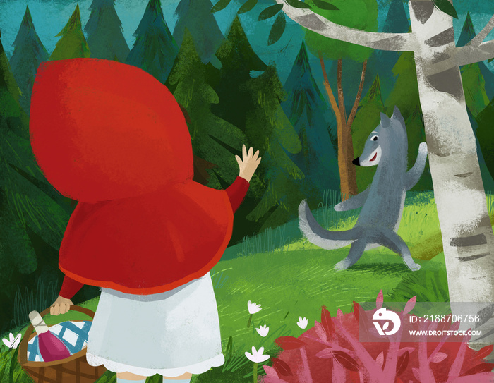 cartoon bad wolf meeting little girl in red hood in forest