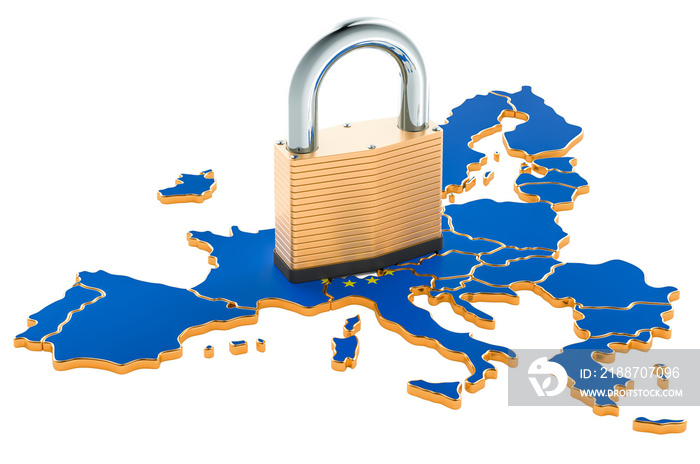 Lockdown in the European Union. Padlock with map, border protection concept. 3D rendering