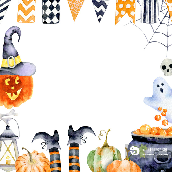 Frame for halloween with watercolor images of holiday attributes