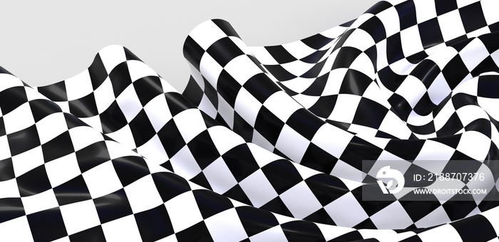 Black and white checkered curved flag or ribbon, sport banner on dark background