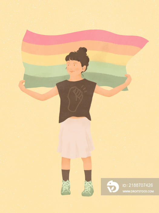 little Asian girl holding rainbow LGBTQ flag