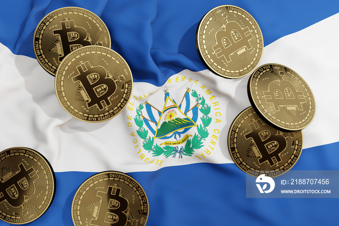 Golden bitcoins on the national flag of El Salvador. Illustration of the concept of El Salvador became the first country in the world to use Bitcoin as legal tender and as a bitcoin hub