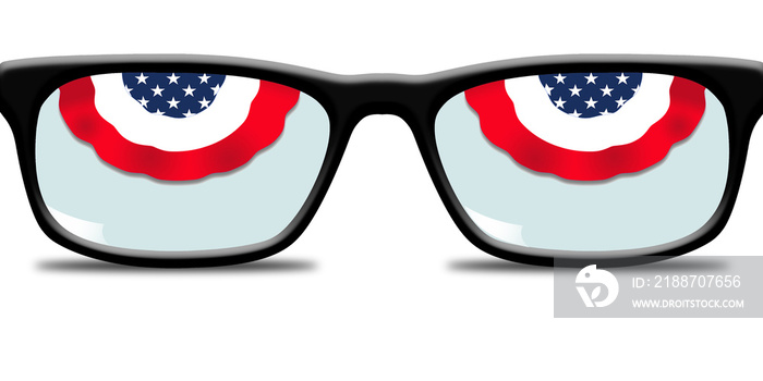 Red, white and blue bunting is seen in eyeglass frames and look like eyes in  a 3-d illustration about keeping eyes on the 2024 election campaigns.