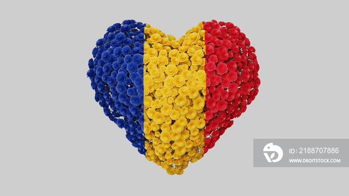 Romania. National Day. 1 December. Great Union Day. Heart shape made out of flowers on white background. 3D rendering.