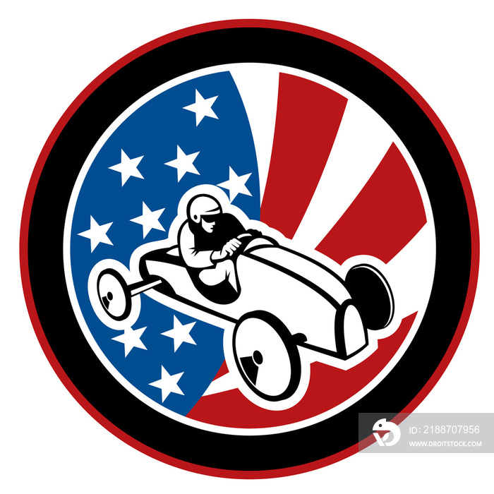 illustration of an american Soap box derby car with stars and stripes in the background.