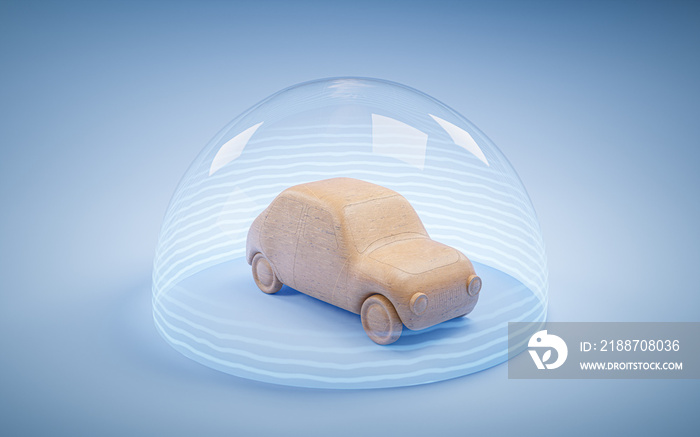 Car insurance symbol. A wooden car protected by a force field.