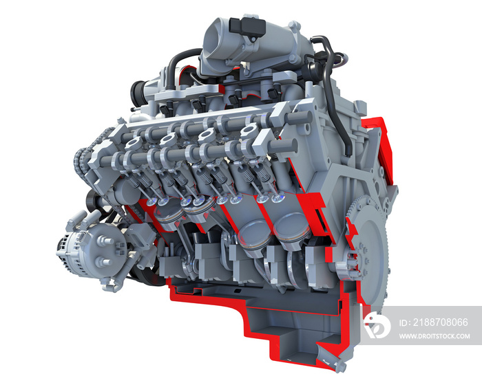 Cutaway V8 Engine section 3D rendering on white background