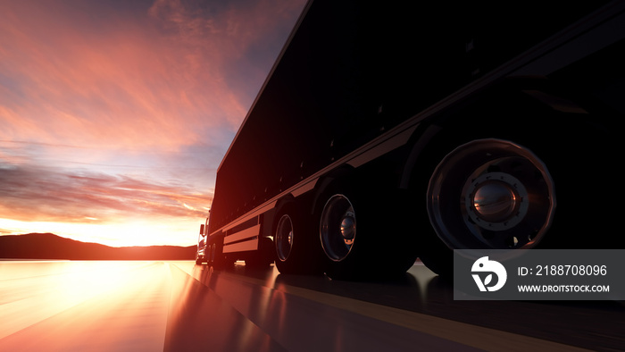 Semi Truck Wheels Closeup on asphalt road highway at sunset - transportation background. 3d illustration