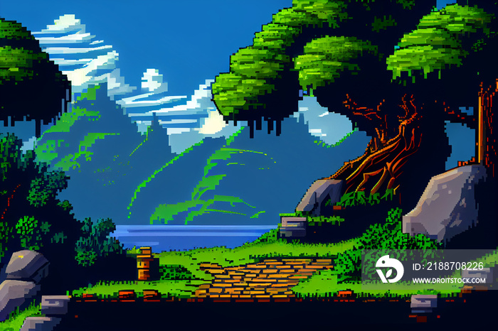 Video game background landscape with mountains and forests in 16 bit pixels. Retro video arcade game nature location with pixel art mountain hills, snow peaks, sky and clouds, trees, grass and lake.