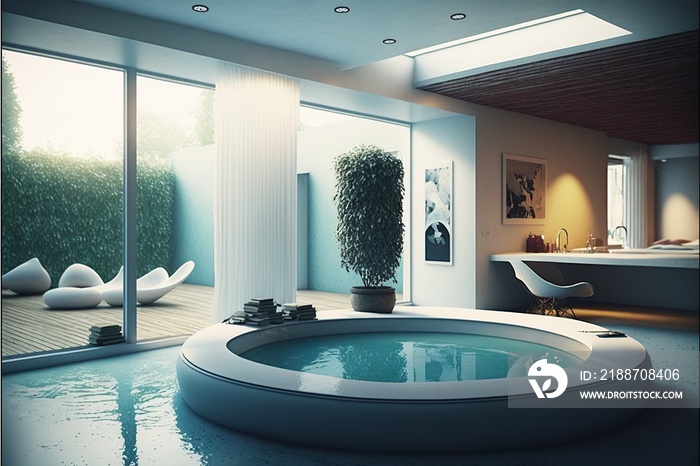 Luxury jacuzzi in the house with a beautiful view of nature, interior