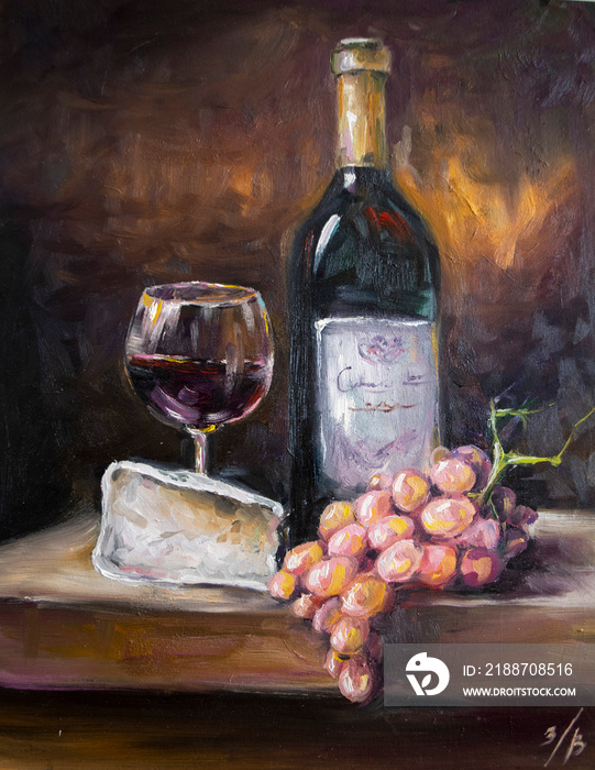 Wine in a glass with grapes. Oil painting with brush strokes.
