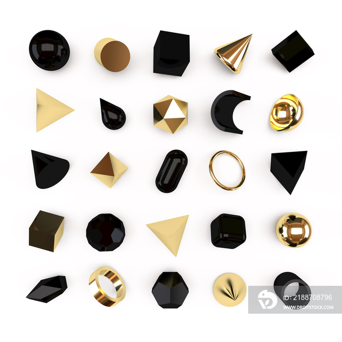 Set of 3d geometric shapes on white background. Black and gold objects 3D illustration.