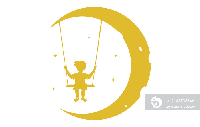 Child Reaching Dream Logo Design Template. Boy Playing Swing On Moon.