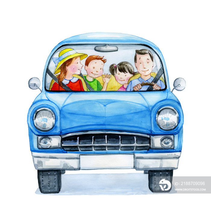 Happy cartoon family driving in a blue car. Watercolor illustration.