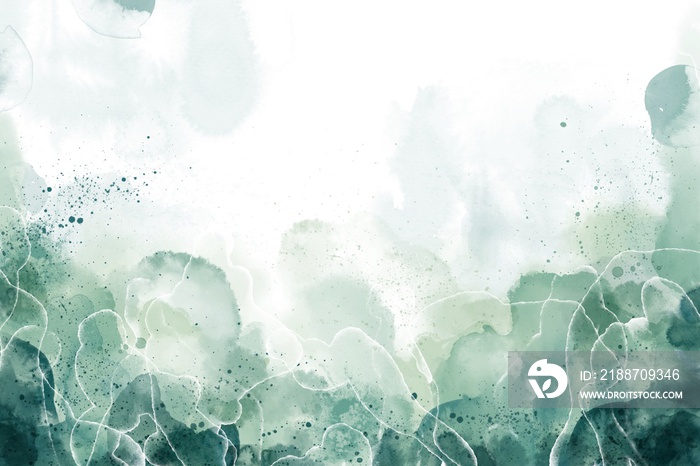 Watercolor textured abstract green, blue and gray stains and splashes artistic background.