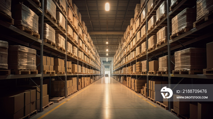 A huge distribution warehouse filled with high shelves, emphasizing the scale and complexity of modern logistics, with rows of tall shelves filled with boxes and products