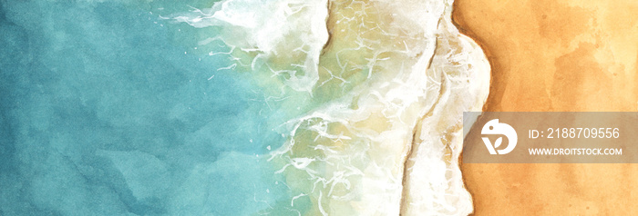 Sea shore watercolor. A beach with light waves. Hand-drawn summer illustration.