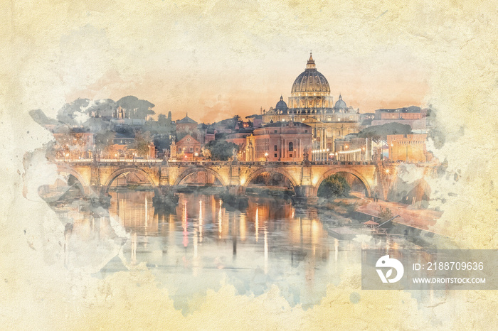 The city of Rome at sunset - Watercolor effect illustration