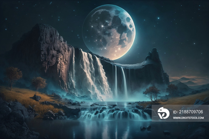 Cinematic moon over the mountains waterfall landscape photo