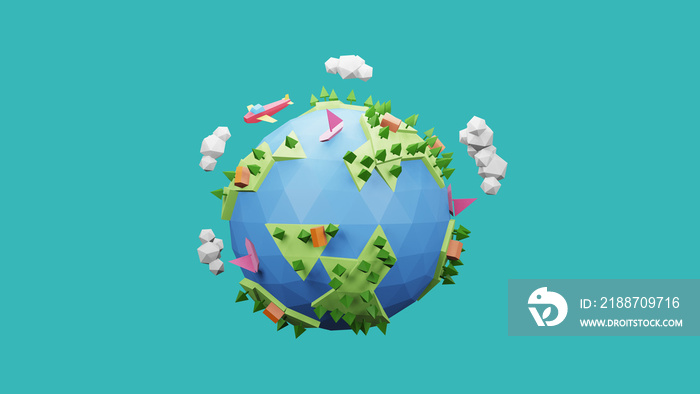 3D rendering Polygonal globe. Low poly Illustration of a earth. Environment and earth day concept.