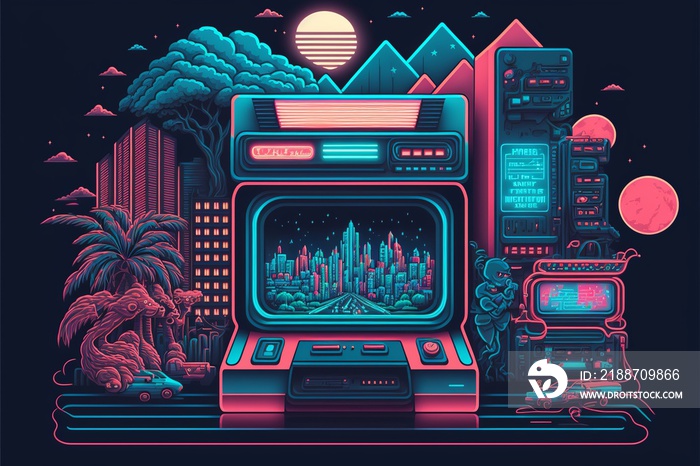 Old video game console with landscape in the background, 16 bit pixel art. Digital illustration. AI