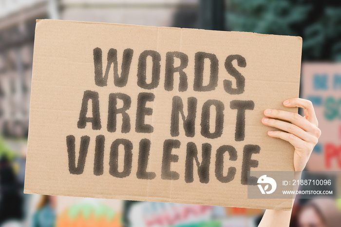 The phrase   Words are not violence   on a banner in hand. Human holds a cardboard with an inscription. Freedom. Democracy. Free speech. Voice. News