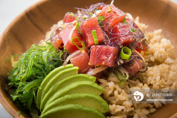 ahi poke bowl on brown rice