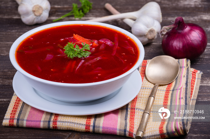 Ukrainian and russian national food - red beet soup, borscht .
