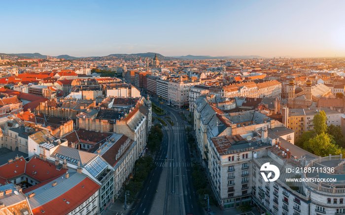 Aerial cityscape about Budapest city included the Karoly boulevard. Dohany street synagogue on the left St Stphen basilica cupola is on the center of photo.