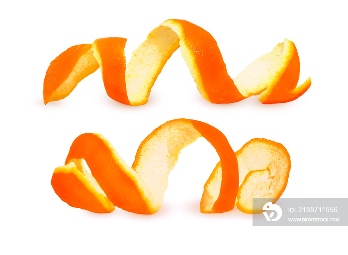 Close-up Spiral peeled fresh orange peels isolated on white background. Two citrus peels