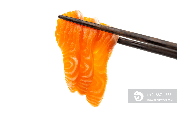 Salmon raw sashimi with chopsticks on a white background