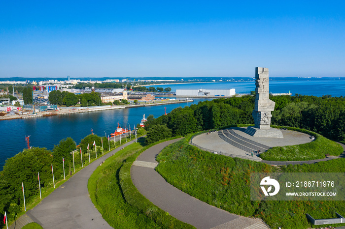 Aerial view of Westerplatte Monument in memory of the Polish defenders. The Battle of Westerplatte was one of the first battles in Germany’s invasion of Poland, World War II.