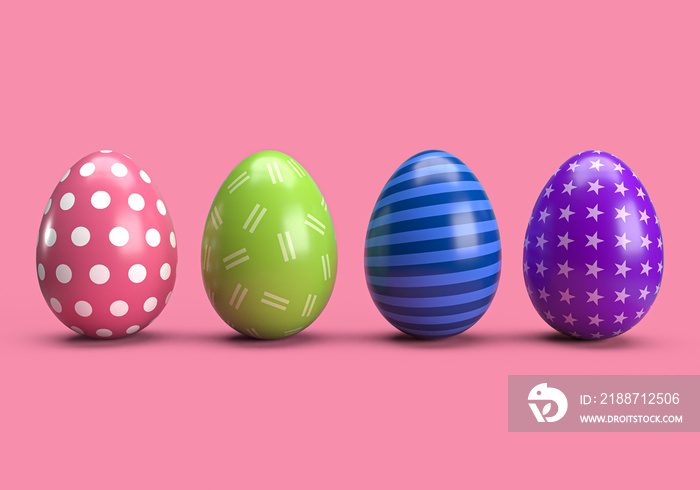 3d rendering of colourful decorated chocolate cartoon Easter Eggs for use in Easter designs, on pink background