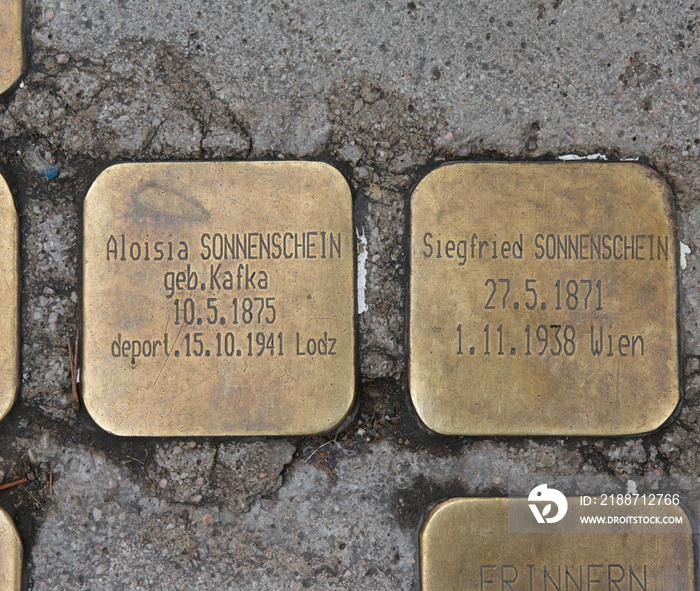 Stolperstein stumbling stone inscribed with the name and life dates of victims of Nazi extermination Vienna Austria