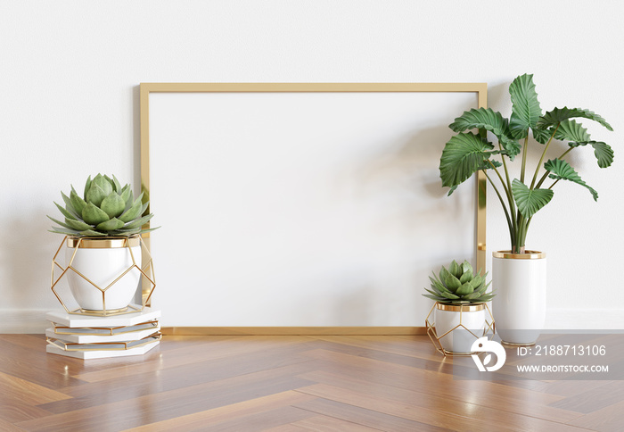 Wooden frame leaning in bright white interior with plants and decorations mockup 3D rendering