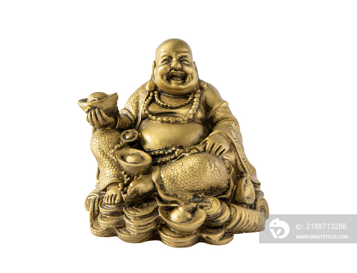 Gold color Feng Shui sitting laughing Buddha with gold coins. Wealth, prosperity, luck charm. Buddha figurine isolated on white background, lot of copy space.