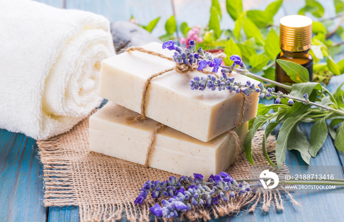 Handmade soap bars. Homemade Soap with Lavender Flowers