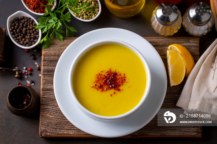 Traditional delicious Turkish foods; Red lentil soup (Turkish name; Mercimek corbasi)